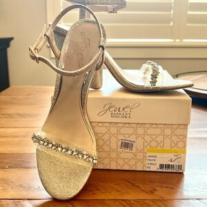 Jewel Badgley Mischka Gold Heels with Rhinestone Embellishments
